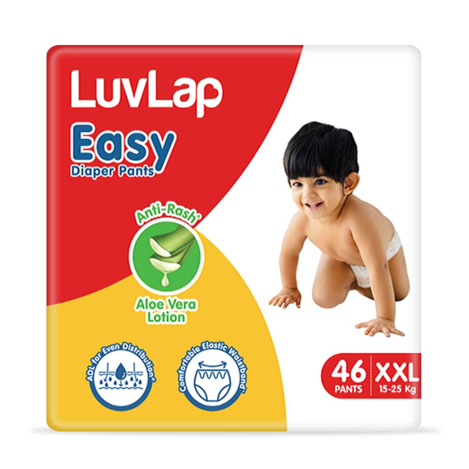 Luv LapEasy Diaper Pants, XXL, Pack of 46, for babies upto 15-25Kg, Pant style diaper with Anti-Rash Aloe Vera Lotion, ADL for Even Distribution, & 360° fit for better coverage & flexibility