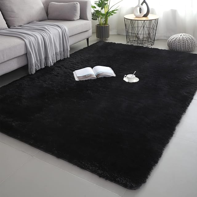 lekeplus Fluffy Soft Rug Living Room Bedroom Rugs, thermal carpet Shaggy Washable Rug, for Living Room Bedroom Play Area Kids Room Luxury Decorative (Black, 80x160cm)