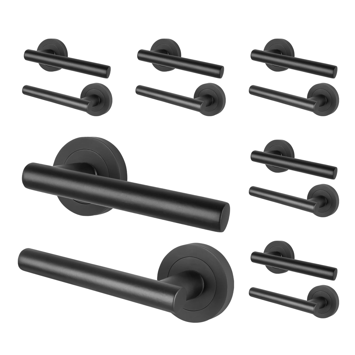 EAI Black Door Handles, 6 Pairs of Internal Matt T-Bar Lever on Round Rose Handles - Oliena Range โ image 1