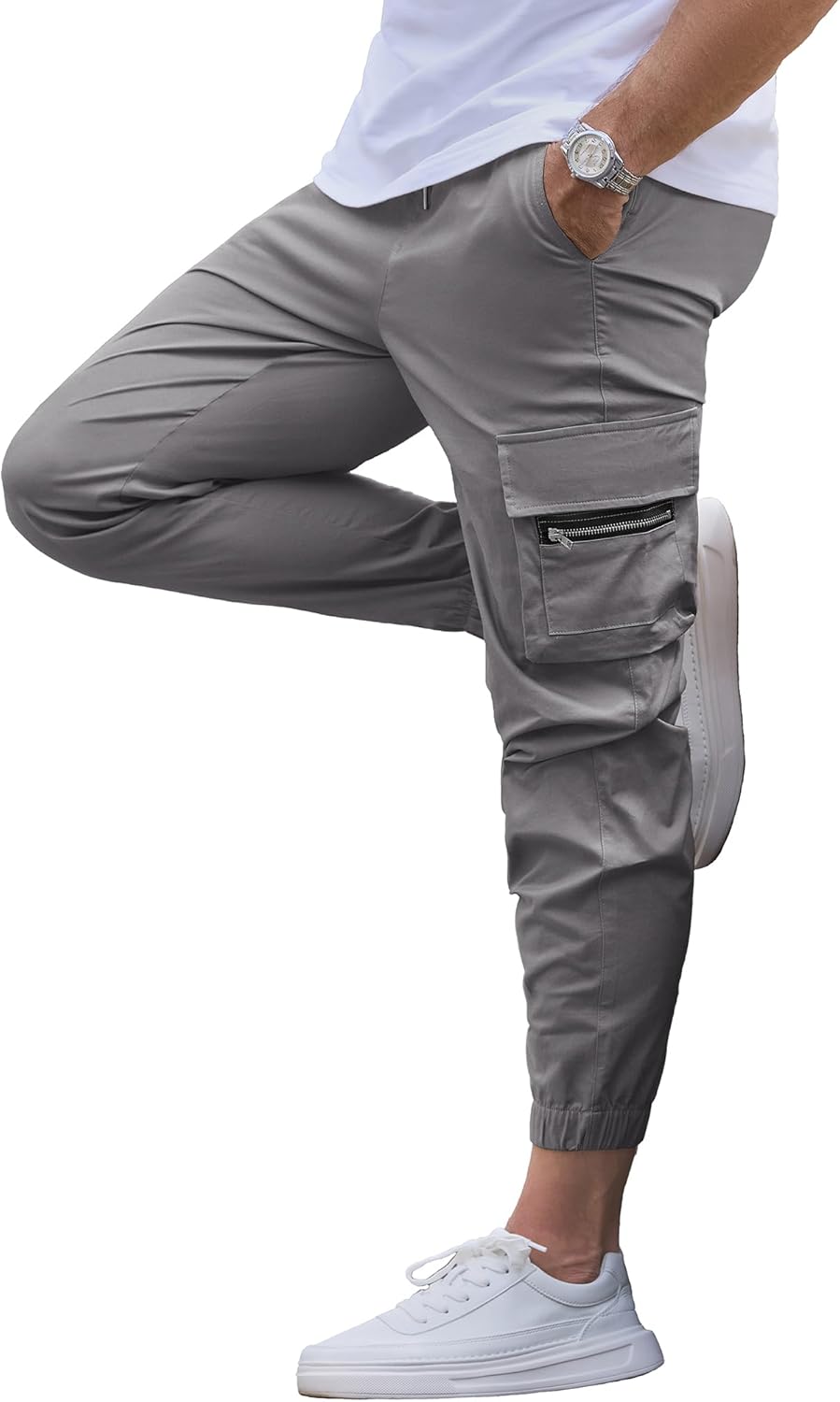 JEMLDL Mens Casual Cargo Joggers Pants—Pure Cotton Chino Pants Drawstring Hiking Outdoor Twill Sweatpants with Zipper Pocket - Image 7