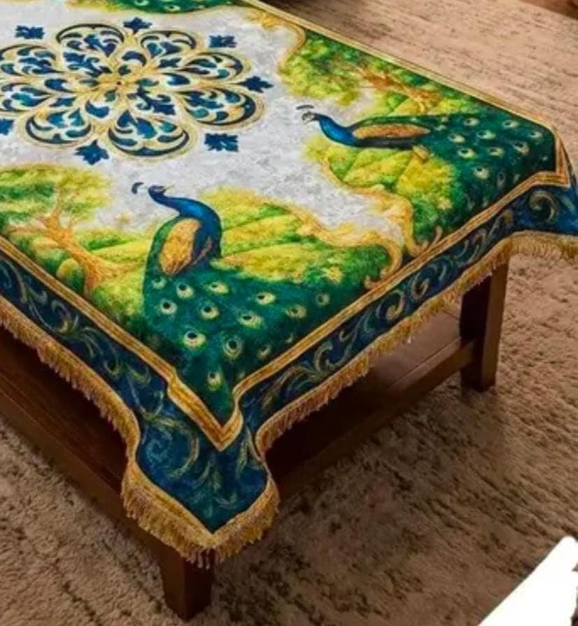 Image of Velvet Decorative Rectangular Table Cover with Traditional Design, Living Room Centre Table Cloth, Beige and Multicolour Size (36 * 56) (Peacock Green t-c)