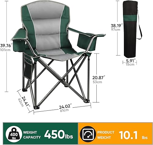 Miniatura 3 de Paquete de 2 sillas de camping plegables de gran tamaño para adultos, sillas de césped resistentes con almacenamiento para tazas y bolsa