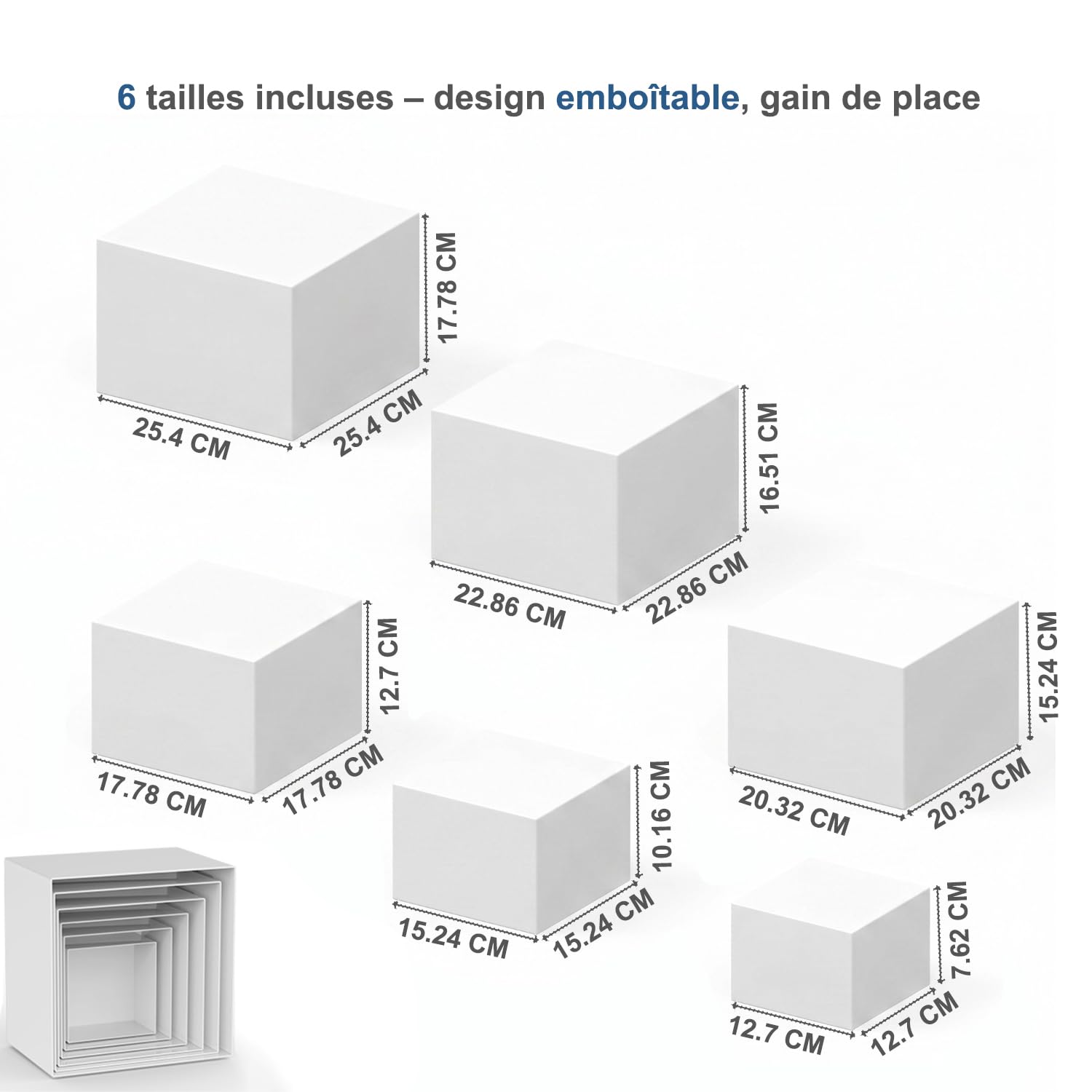 FUSHITON 6 Pièces Socles à Desserts en Plastique Blanc, Socles de Présentation pour Buffet - Cubes de Présentation 5 Faces Empilables pour Pâtisserie, Décoration, Boutique (6 Tailles Différentes)
