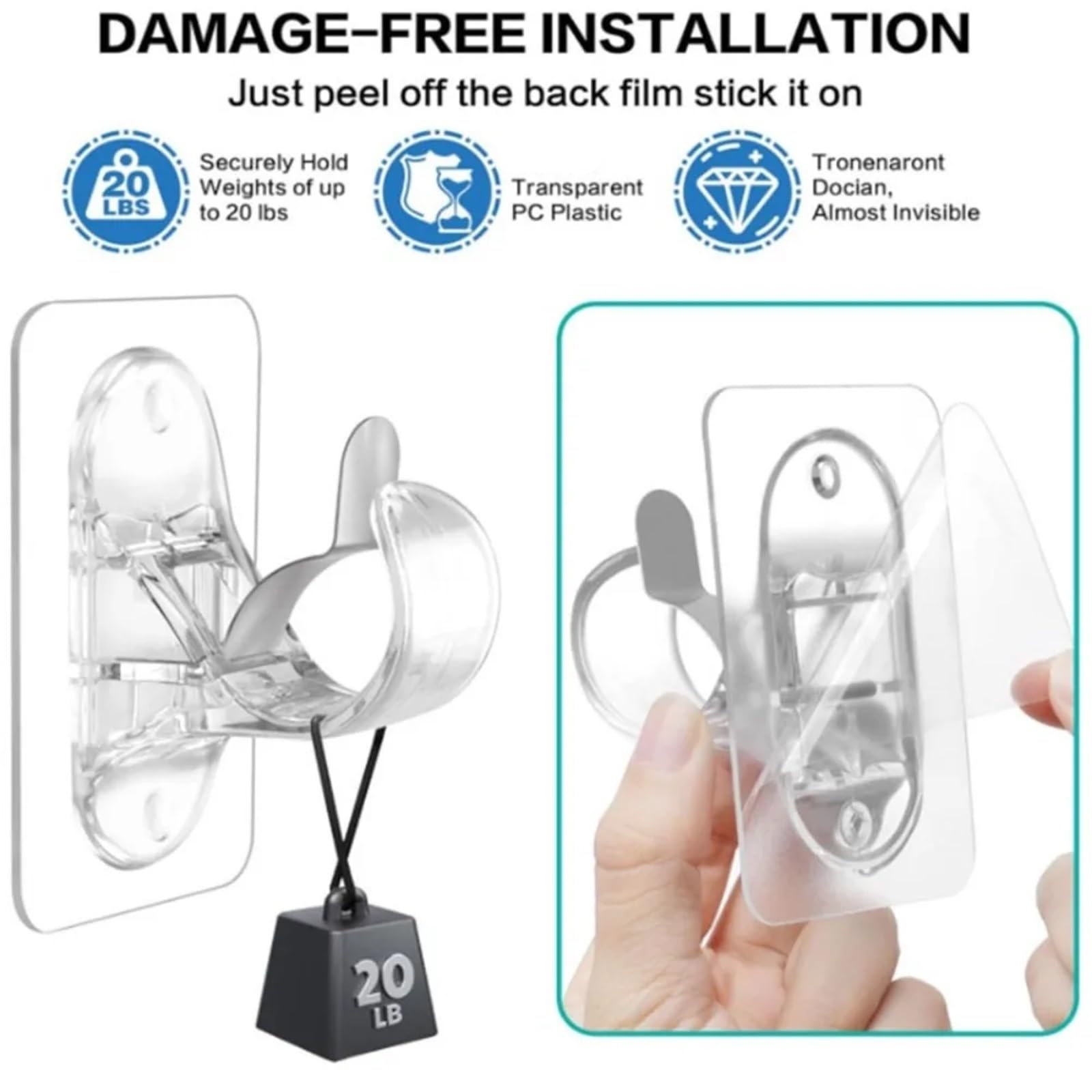 Lot de 20 supports de tringle à rideaux auto-adhésifs universels sans perçage pour salle de bain et chambre à coucher
