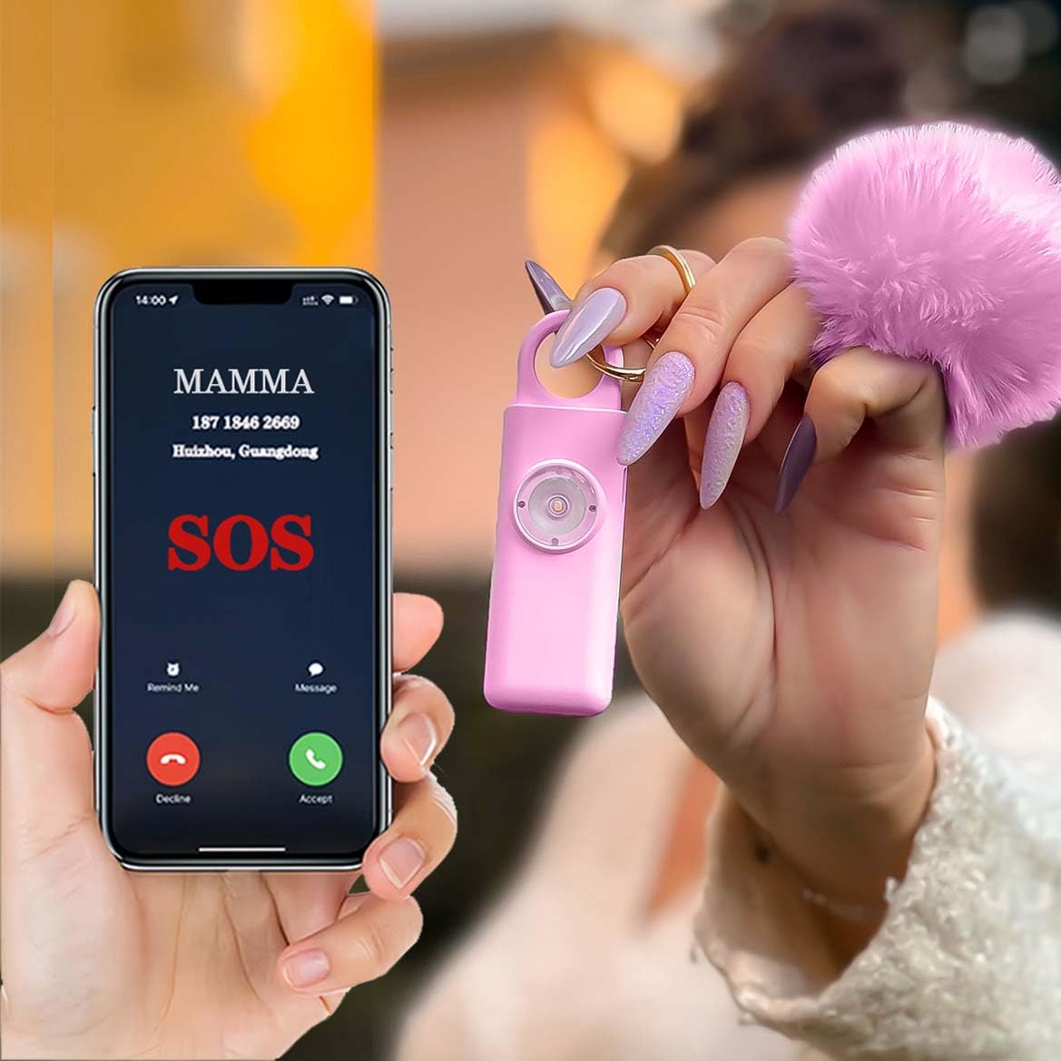 Llavero alarma antipinchazos, dispositivo antiagresión SOS llamada automática, envÃo instantáneo posición GPS, sirena 130 dB, defensa personal y autodefensa para mujeres, niños y ancianos (rosa)
