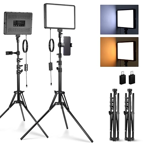 NEEWER BASICS 2 Pack LED Video Light Panel Lighting Kit with 2 59'' Stands & 2 Phone Holders, 850lx/0.5m Bi Color 2700K-6500K Dimmable Studio Light for Photography Filming Recording Live Stream, BP300 - BP300(2-Pack)