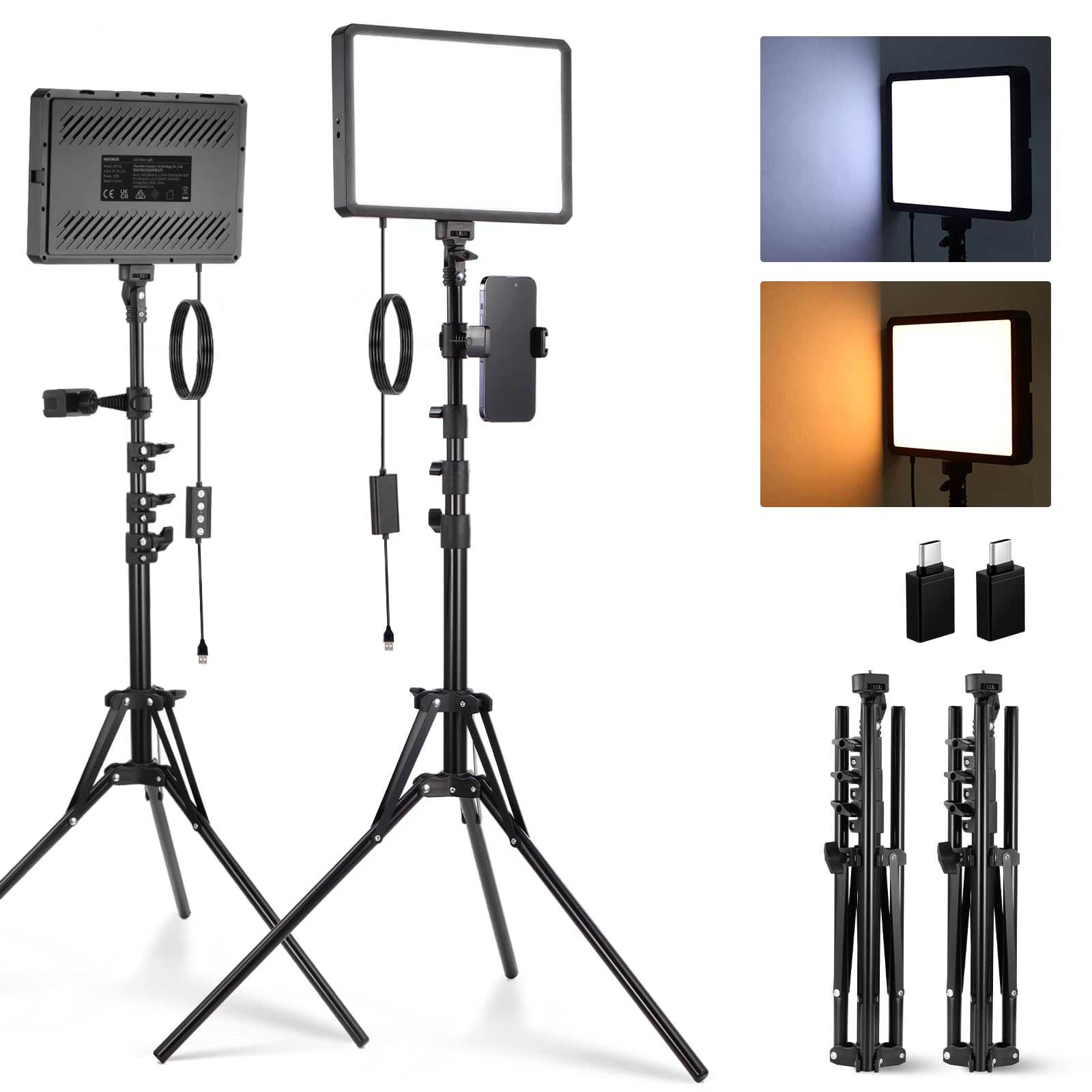 NEEWER BASICS 2 Pack LED Video Light Panel Lighting Kit with 2 59'' Stands & 2 Phone Holders, 850lx/0.5m Bi Color 2700K-6500K Dimmable Studio Light for Photography Filming Recording Live Stream, BP300