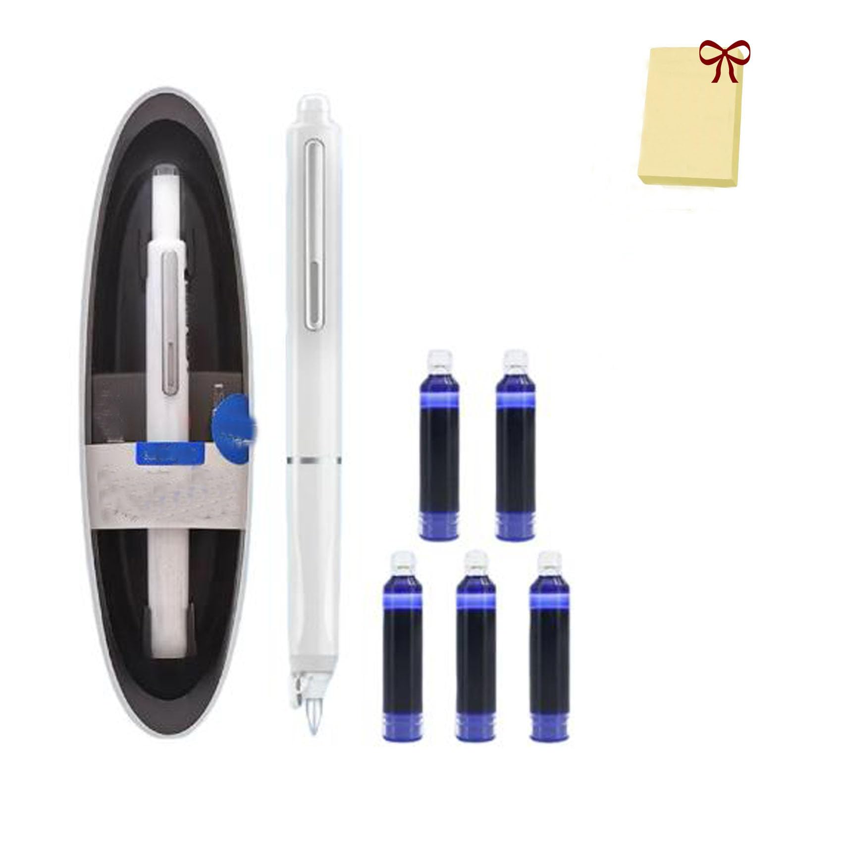 Retractable Fountain Pen, Multicolor Pressable Gel Pen, 0.38mm Blue&black Ink Barrel Includes 5 Refillable Ink Cartridges, Smooth Writing No Leaking (White,Erasable Blue)