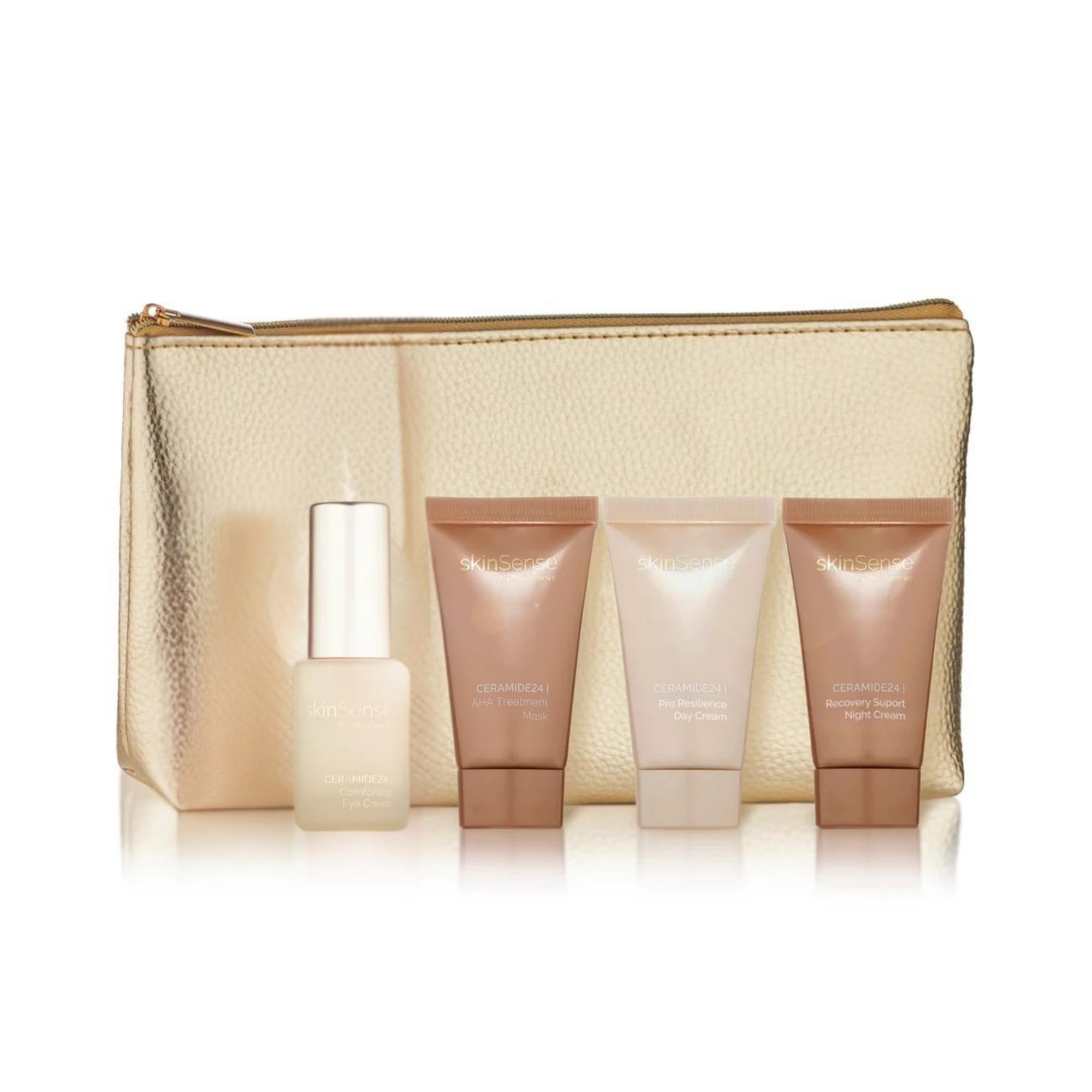 SkinSense Ceramide24 4PC Discovery Collection with Gold Bag, Ceramide Skin Barrier Repair Kit, SkinSense Gift Set, Skincare Travel Mini's