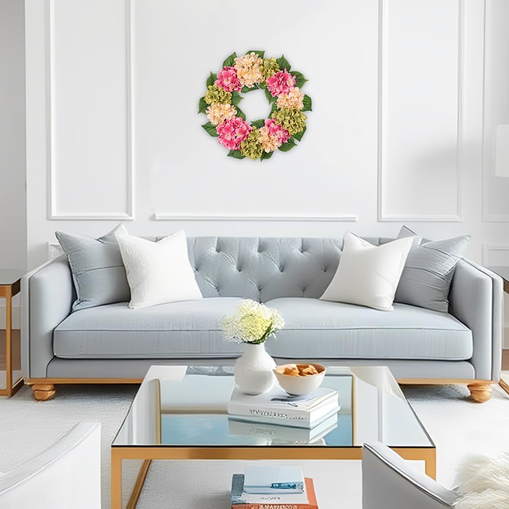 50cm Künstliche Hortensie Kranz Faux Blume Kranz, Faux Rosa Beige Grün Hortensie Dekorativen Kranz für Haustür, Mantel, Wand, Bauernhof Deko