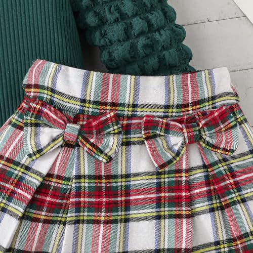 Image of Noubeau Toddler Girls Plaid Outfits Girls Puff Sleeve Knit Ribbed Shirt Tops Plaid Skirt Set Kids Fall Winter Clothes