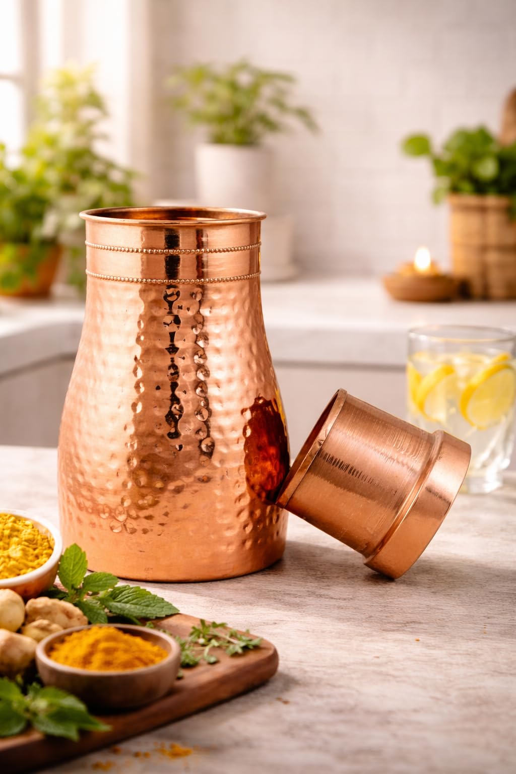 AZMIQ - Botella de agua de cobre puro con vaso y tapa, 950 ml, juego de jarra de cobre martillado, jarra de agua de cobre de diseño para agua potable, almacenamiento de agua ayurvédica para el hogar