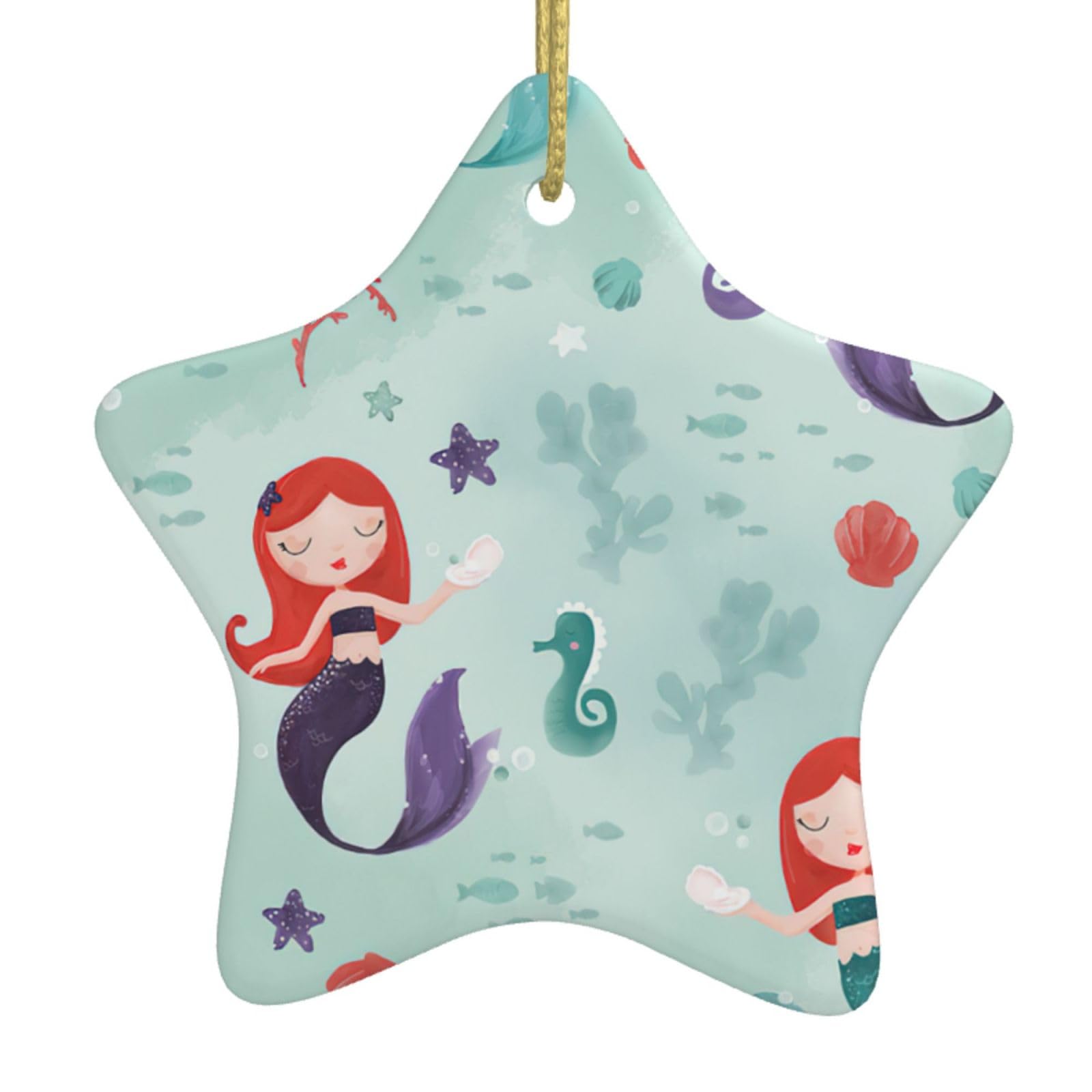 Nbtghga White Beautiful Mermaid Print Christmas Ornaments, Ceramic Hanging Ornament, Round Shape Decorations