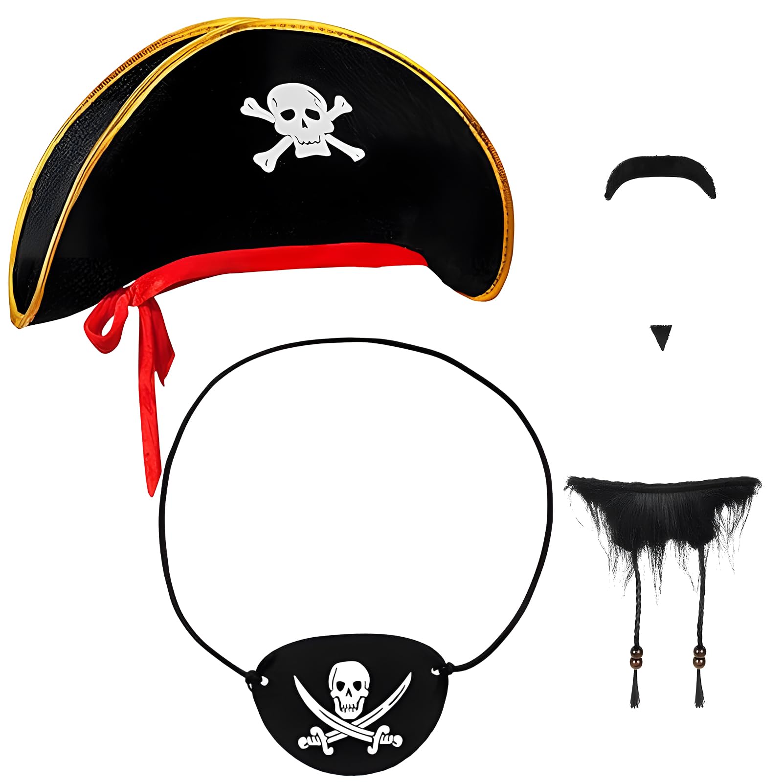 3pcs Pirate Accessories Set: Pirate Hat, Eye Patch, Captain Beard, Dress Up for Kids & Adults - Perfect for Pirates of the Caribbean Parties