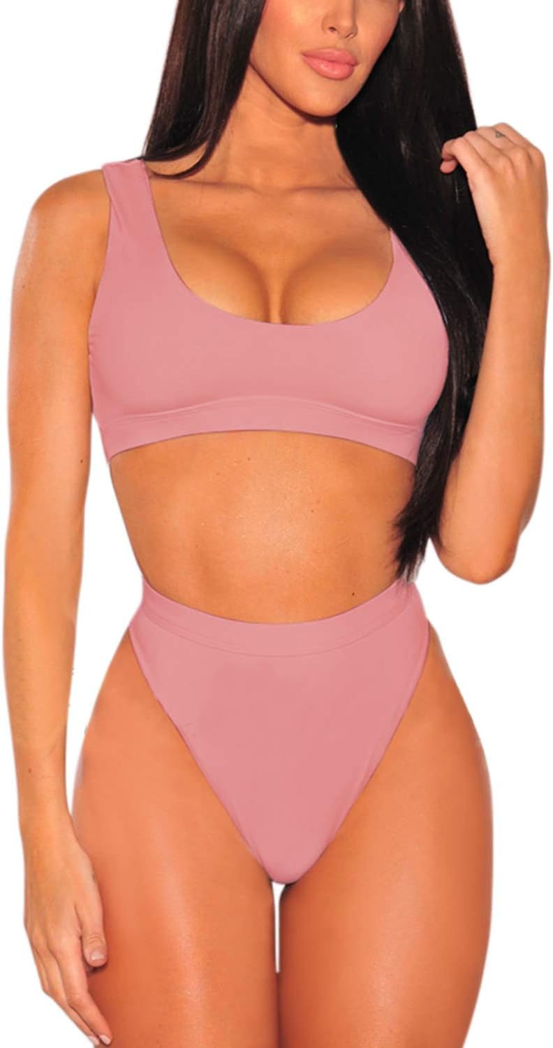 Pink QueenWomen's Crop Top High Waisted Cheeky Bikini Set Two Piece Swimsuits