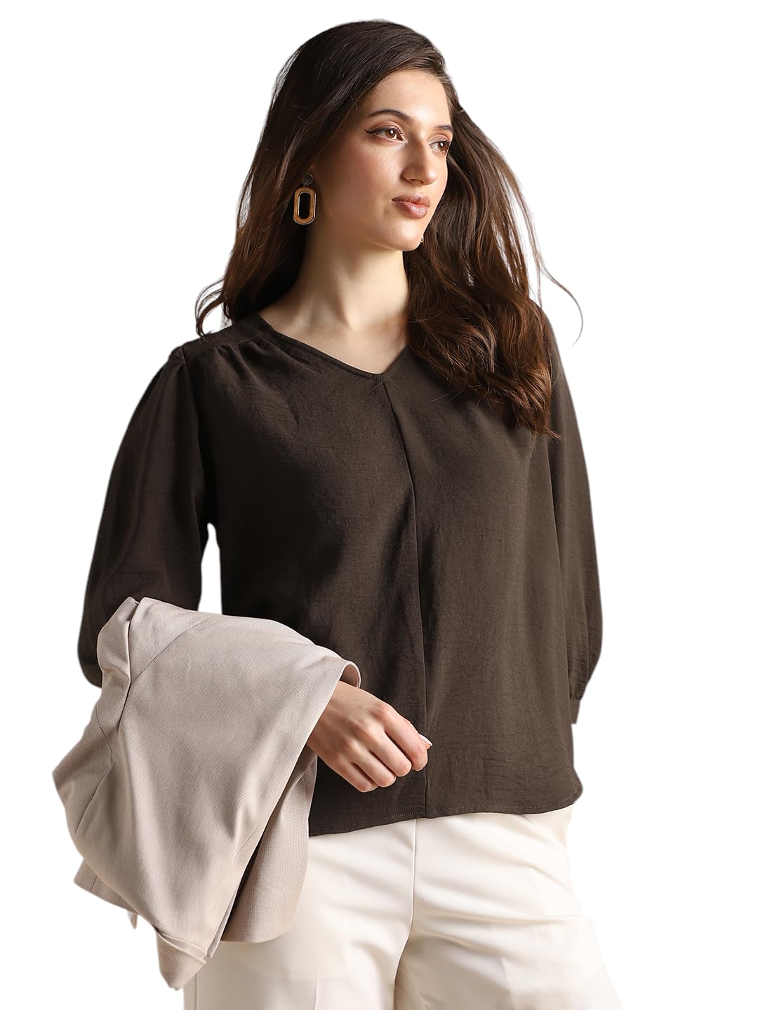 globus Women V-Neck Thread Work Detail & Lace Inserts Pleated Crop Top-picture-53