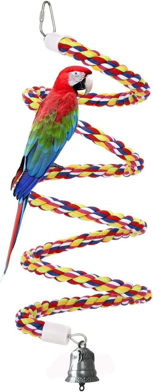 2PCSx 79inch(200cm) Bird Spiral Rope with Golden Bell Perches Birdcage Swing Toys 100% Cotton Natural Bird Perch Peck/Chewing Climbing Standing Bungee Parrot Toys for Regular to Large Size Parrot