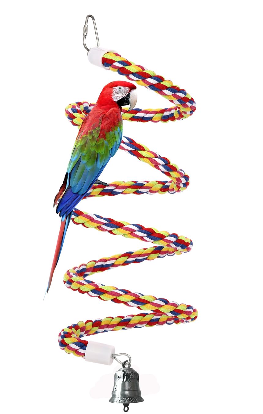 63'' Bird Rope Perches Birdcage Swing Toys 100% Cotton Natural Bird Perch Peck/Chewing with Vintage Bell Climbing Standing Bungee Parrot Toys for