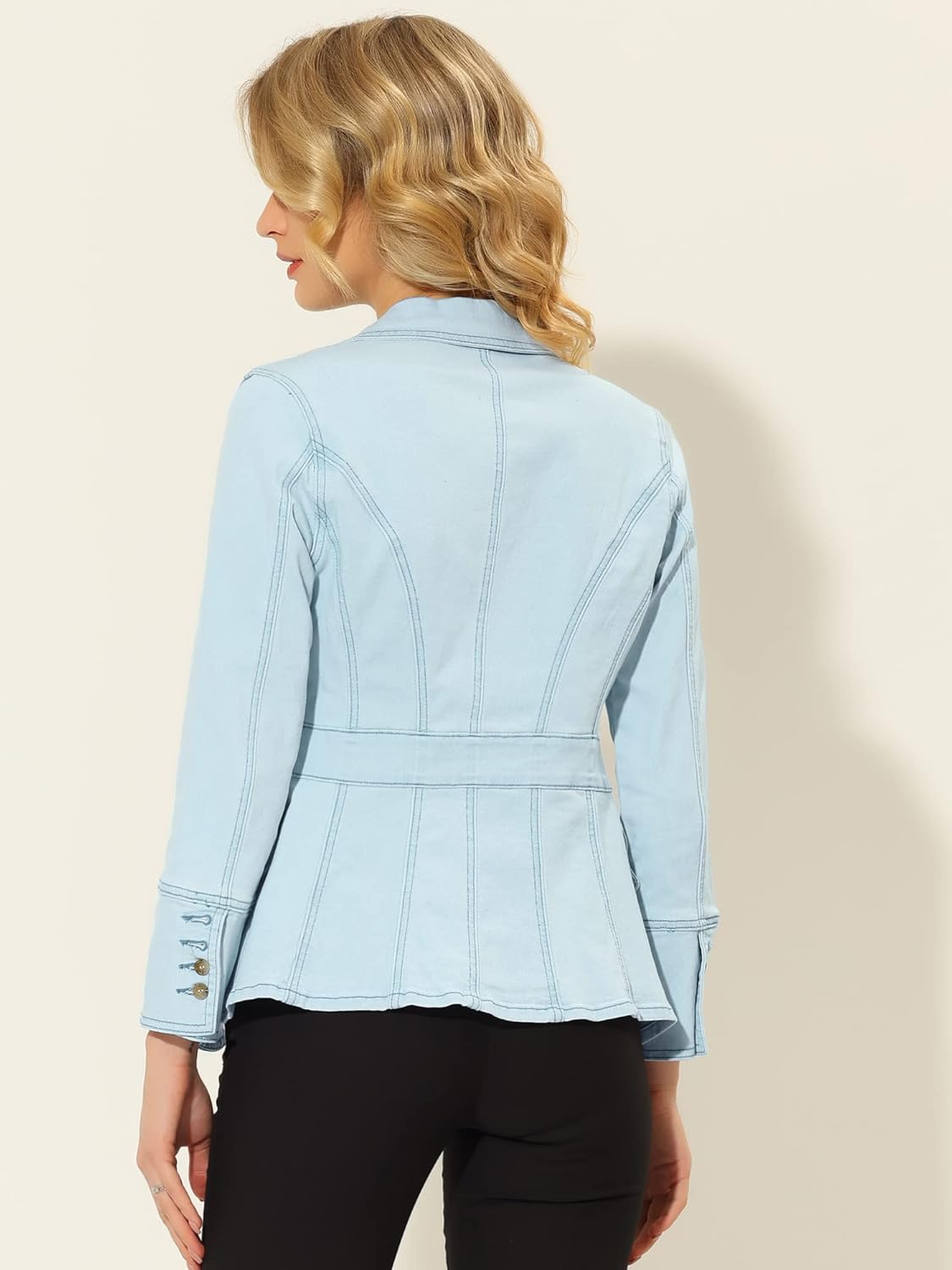 Allegra K Women's Jean Jacket Button Down Notched Lapel Long Sleeve Work Office Denim Blazer Jacket - Image 4
