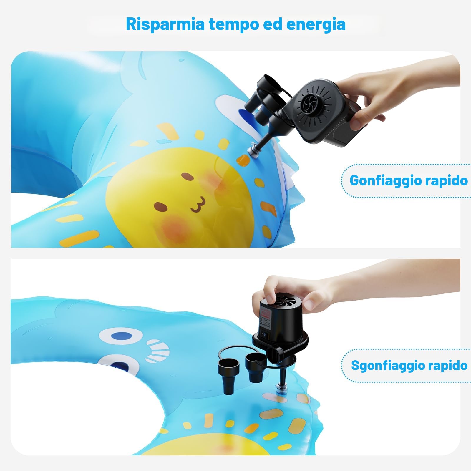 Pompa Elettrica Gonfiabile 220-240V 3 Ugelli per Campeggio Materassini Barche Galleggianti