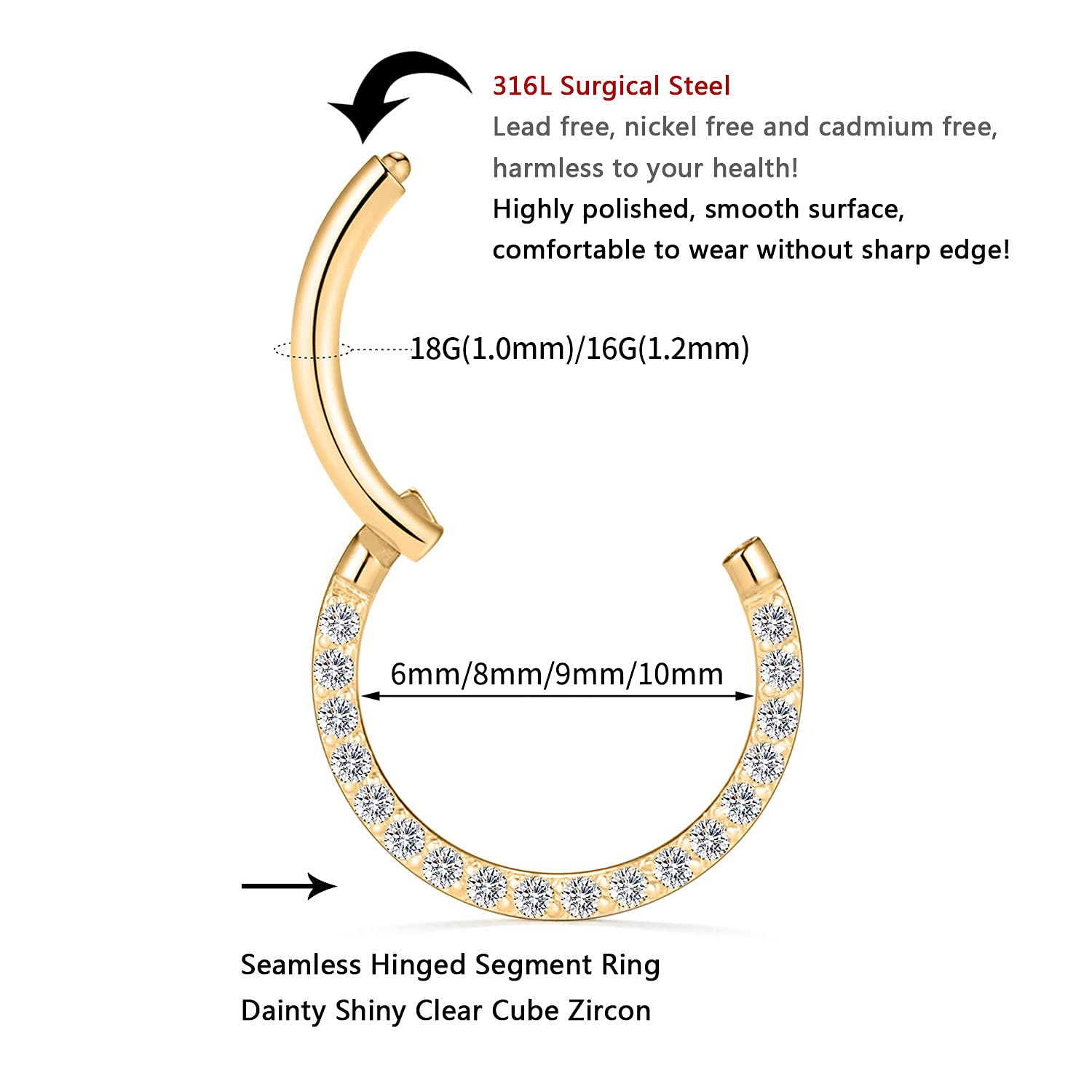 AROWRO 18G 16G 14G Nose Hoop Ring Septum Clicker Earrings CZ Opal Cartilage Conch Helix Tragus Hoop Earrings Daith Piercing Jewelry 316L Surgical Steel — view 6