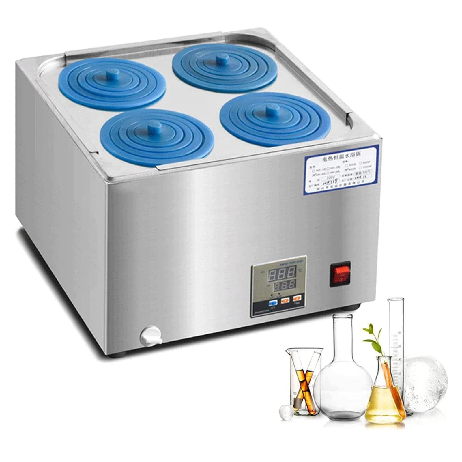 Baño María de Laboratorio con Pantalla Digital eléctrica, baño María termostático Digital, Calentador de baño María eléctrico de 2/4/6 Orificios con Tapa Protectora Ajustable (4 Orificios)