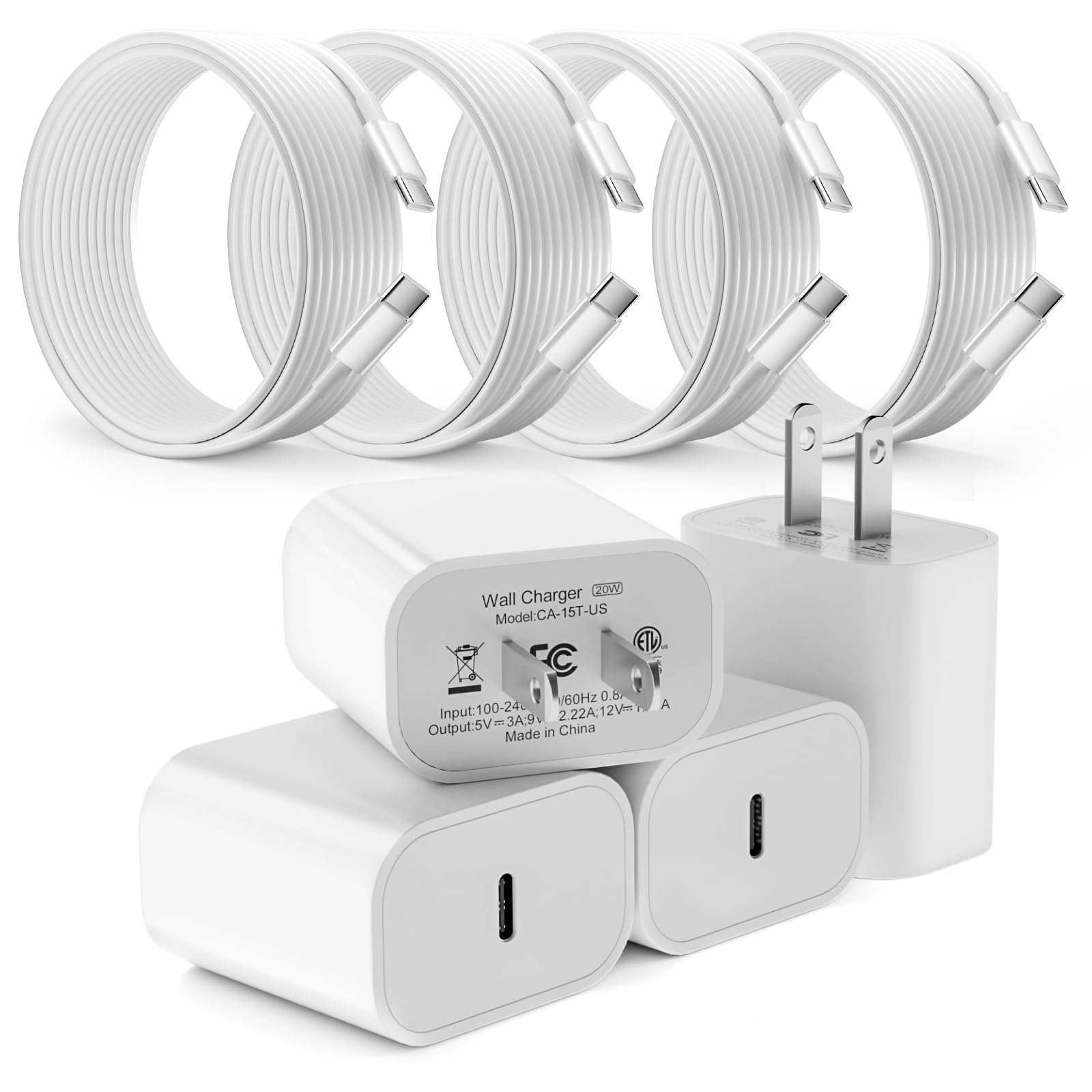 Lot de 4 chargeurs USB C de 20 W pour iPhone 15 avec câble USB vers USB C de 1,8