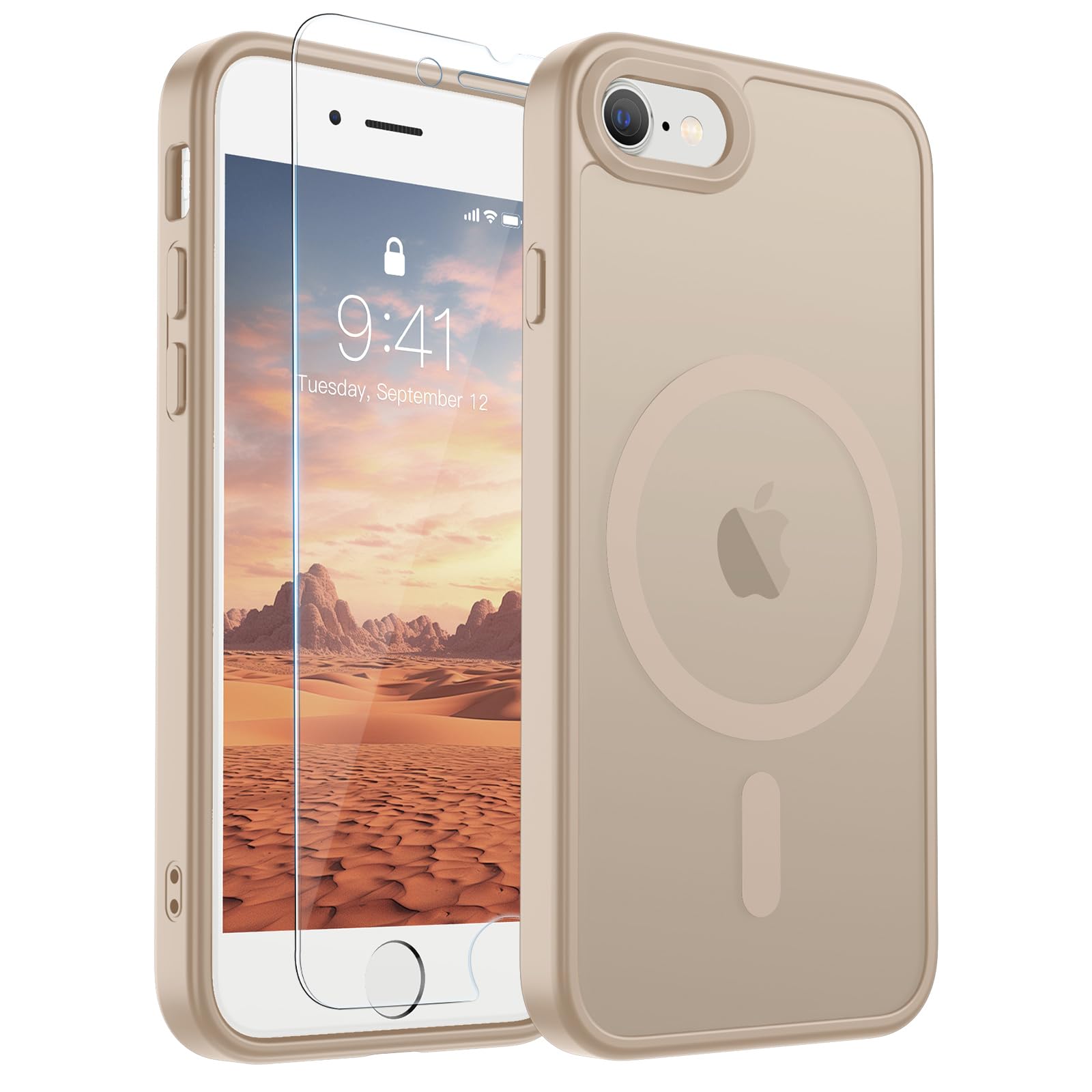 SUPFINE Magnetic for iPhone SE Case 2022 (3rd)/2020 (2nd), iPhone 8 Case | With Screen Protector, Translucent Matte, Compatible with MagSafe, Military Grade Drop Proof, Desert Gold