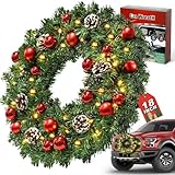 moveland Christmas Car Wreath, 18 Inch Large Artificial Car Wreath Decoration with Battery Powered 35 LED Lights, Red Ornaments & Pine Cones – Fits Jeeps, Trucks, SUVs, RVs, Golf Carts and More