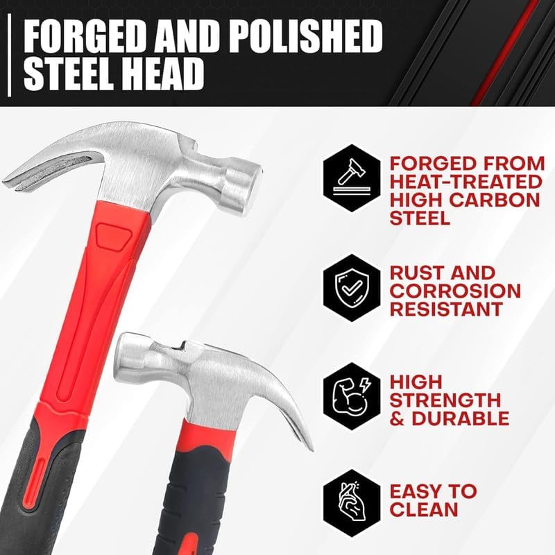 2-Piece Claw Hammer Set, 8oz Stubby & 16oz Fiberglass Claw Hammers with Magnetic Nail Starter, 560pcs Hardware Nails for Home Repair & DIY