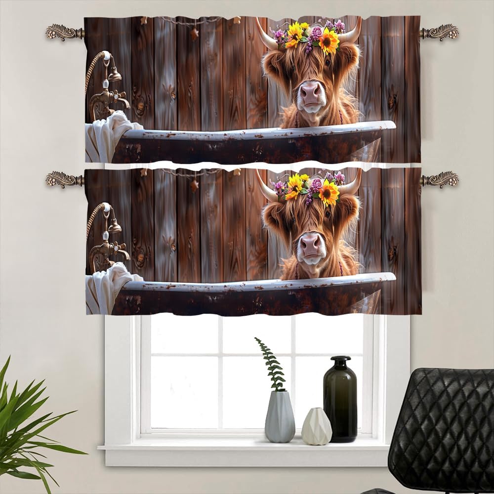 2 Panels Funny Highland Cow Valance for Windows, Vintage Flowers Bathtub Rod Pocket Valance Curtains Home Decor Window Treatment for Kitchen/Living Room, 54" X 18"