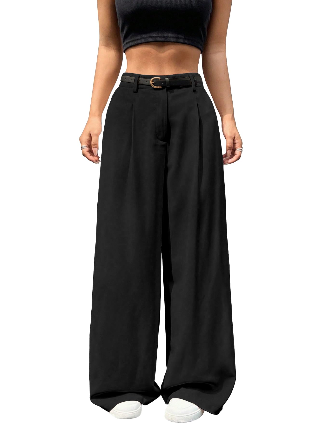 shasmi Women’s Pleated High Waist Wide Leg Pants – Elegant Loose Fit Black Trousers with Pockets, Casual & Office Wear Straight Leg Trousers (Without Belt)(Trouser 220)-picture-15