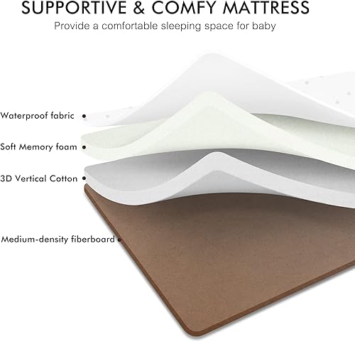 Miniatura 3 de ANGELBLISS Cuna de bebé 3 en 1, Cunas mecedoras para dormir al lado de la cama con colchón cómodo y ruedas, 6 alturas ajustables, plegable fácil