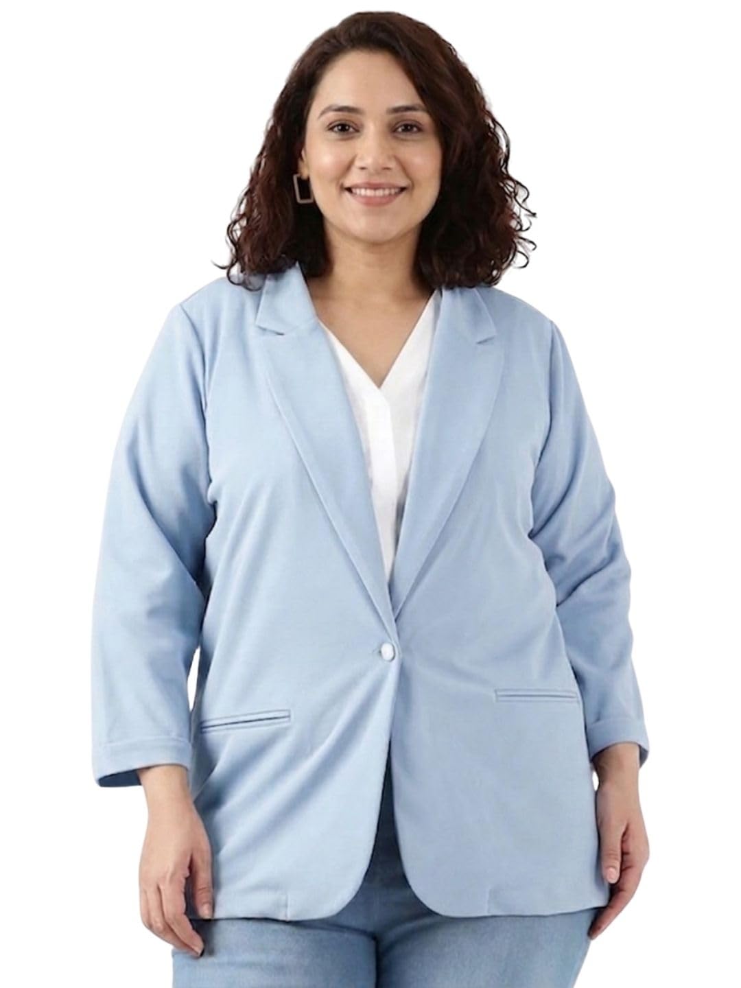 the pink moon Plus Size Light Blue Scuba Crepe Formal Blazer with Full Sleeves-picture-12