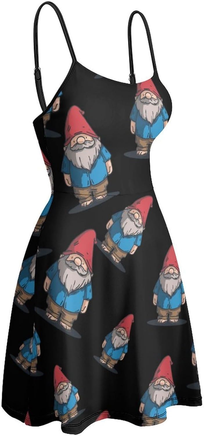 Gnome Short Cami Dress for Women Adjustable Spaghetti Strap Flowy Sundress Beach Vacation