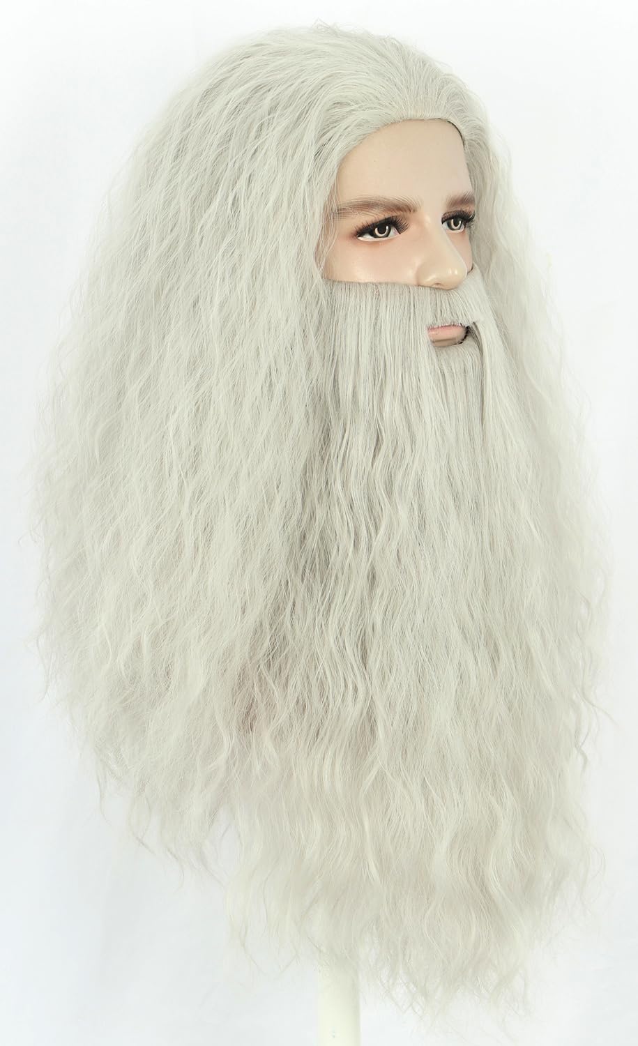 karlery Men Long Curly Grey Wizard Wig and Beard Halloween Cosplay Costume Accessory Wig, gray, 54-62 cm - Image 3