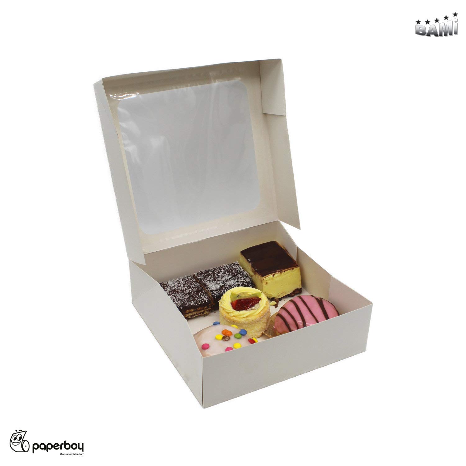 BAMI Tortenkarton | Kuchenkarton | Konditorkarton | Tortenbox | Vollpappe, weiß mit Sichtfensterdeckel 30x30x8cm | 30 Stück
