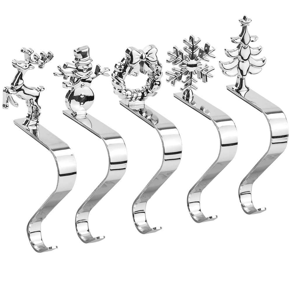 NAROSEBE 5 Ganci Calze Camino Supporto per Calza di Natale Robusti Antiscivolo Porta Calze di Natale Argentato per la Festa di Natale Decorazione del Camino