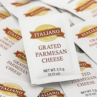 Italiano Natural Grated Parmesan Cheese Packets, 25 Count, restaurant quality, shelf-stable, no refrigeration, sealed, perfect for pizza, pasta, salads, lunch, takeout, food service.