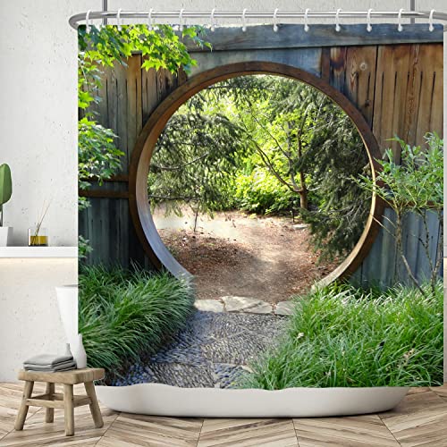 SDOTPMT 55x72inch Garden Scenery Shower Curtain Green Botany Leaves Natural Village Bath Curtain Round Wooden Door Farmhouse Vintage Bathtub Curtain for Bathroom Decor Fabric Polyester with Hooks - Image 2