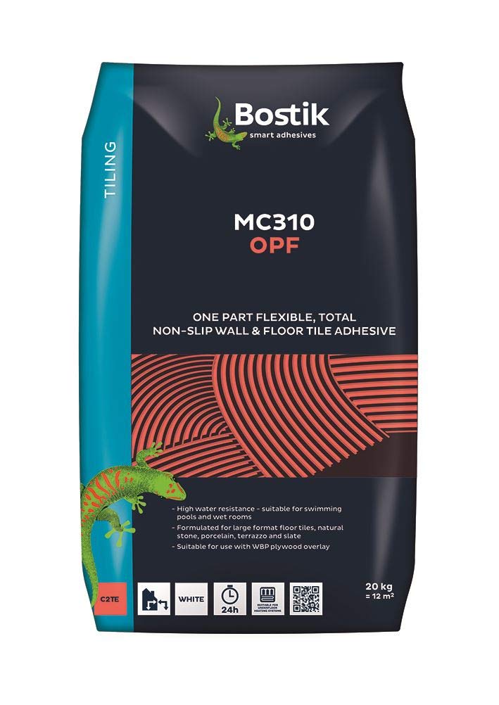 Bostik MC310 OPF Class C2TE S1 Tile Adhesive, Designed For Large Format Floor Tiles, Swimming Pools And Wet Rooms, For Internal and External Use. White, 20kg