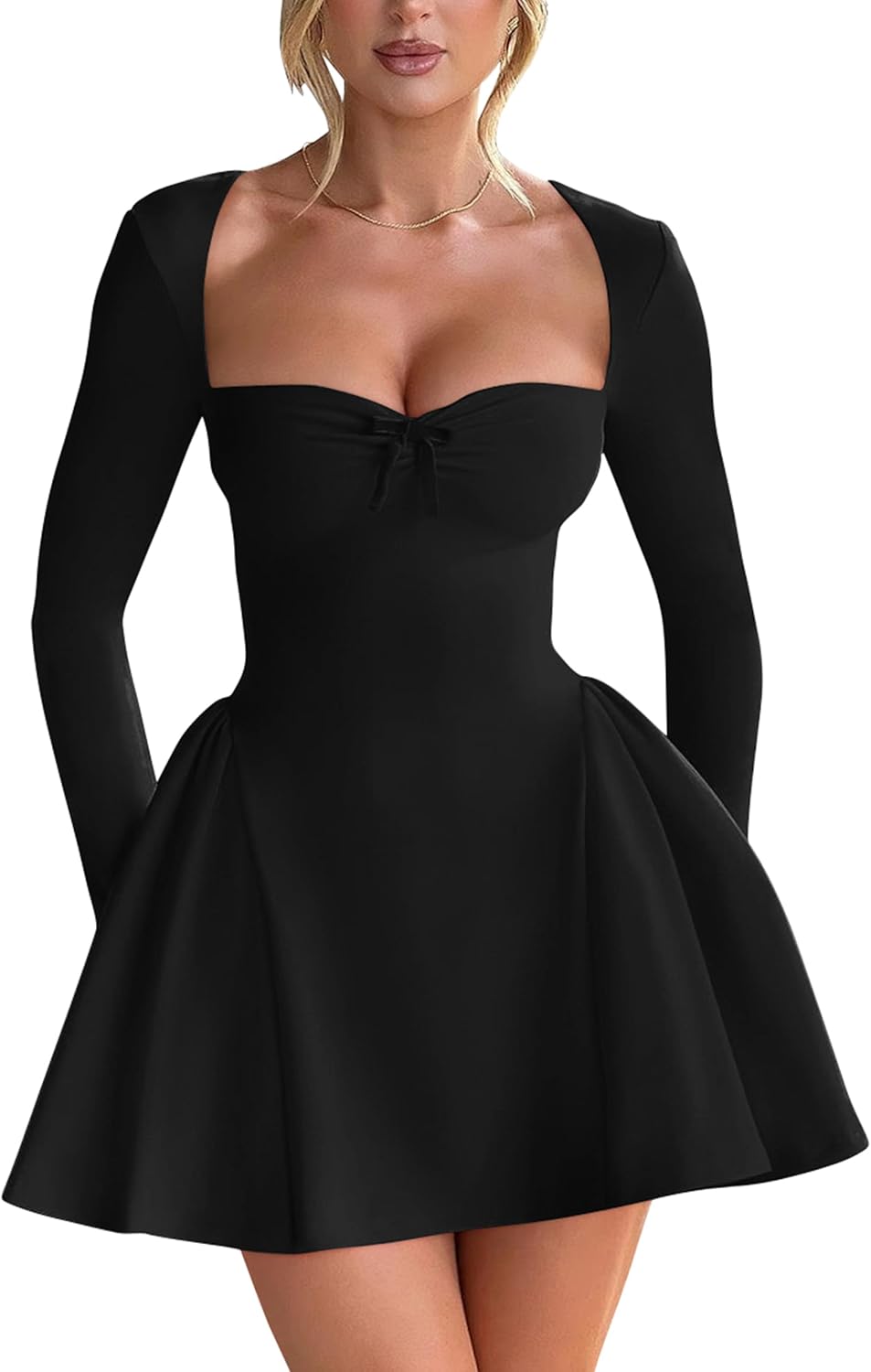 YMDUCH Women's Sexy Long Sleeve Sweetheart Neck A-line Ruffle Hem Party Club Mini Dress