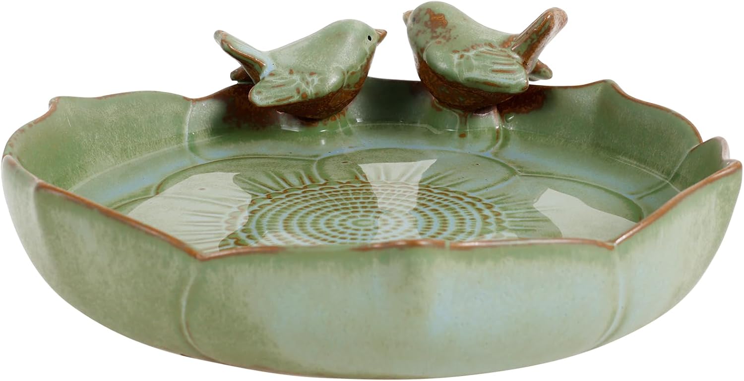 Winterfeste Vogeltränke rund 24 cm, edle Keramik glasierte Vogeltränke Garten mit 2 Dekovögeln, Vintage Vogeltränke Garten für Außenbereich, Terrasse, Balkon und Rasen Winterfeste Vogeltränke rund 24 cm, edle Keramik glasierte Vogeltränke Garten mit 2 Dekovögeln, Vintage Vogeltränke Garten für Außenbereich, Terrasse, Balkon und Rasen
