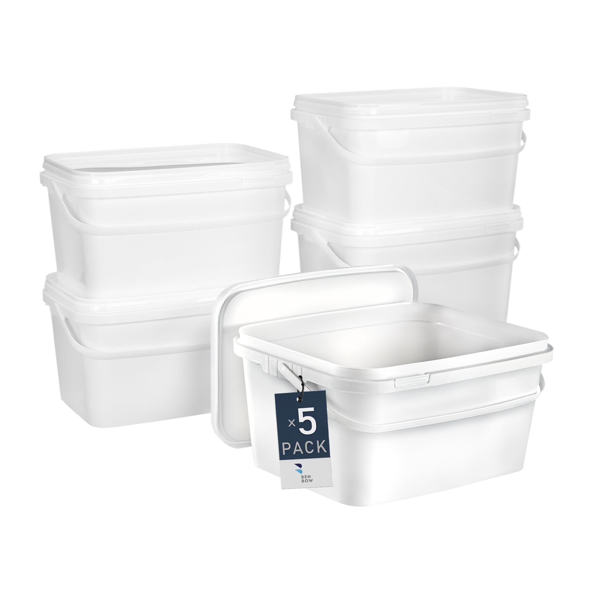 BenBow Rectangular bucket with lid 1.1 gal (5x 5L) white - food-safe, stackable plastic box with handle - empty
