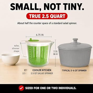Cooler Kitchen Small Salad Spinner Mini Lettuce Spinner and Dryer with Measuring Cup Bowl Compact Veggie & Fruit Washer, Salad Dryer Spinner Dishwasher Safe, BPA-Free