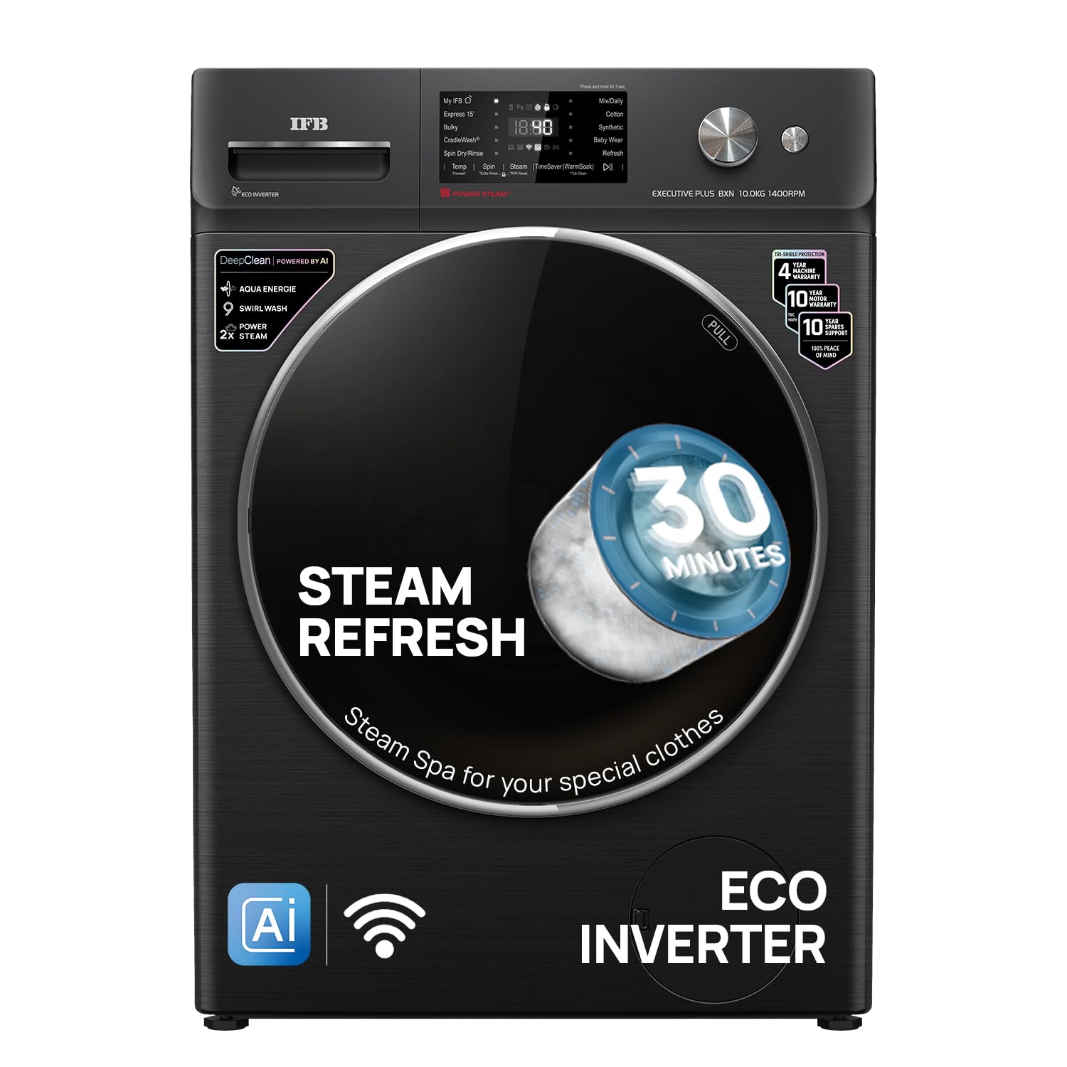IFB 10 Kg 5 Star, DeepClean®, AI Powered, WiFi, Fully Automatic Front Load Washing Machine (EXECUTIVE PLUS BXN 1014KH, PowerSteam®, 9 Swirl, Steam Refresh, Inbuilt Heater, Eco Inverter, Black VCM)-picture-11