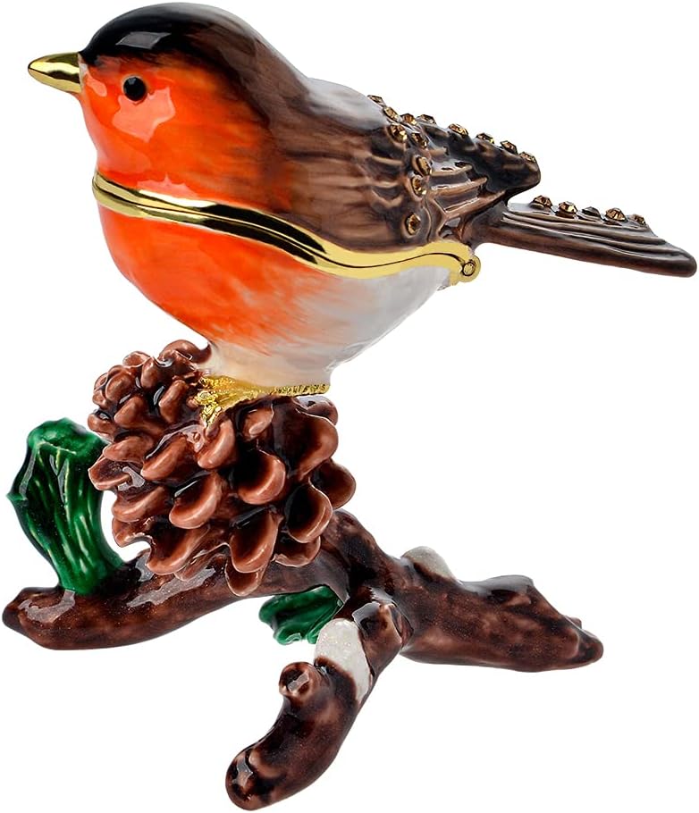 Golden Crystal Enameled Robin Jewelry Box, Hand-Painted Hinged European Robin Trinket Box, Elegant Home Décor & Unique Gift for Bird Lovers