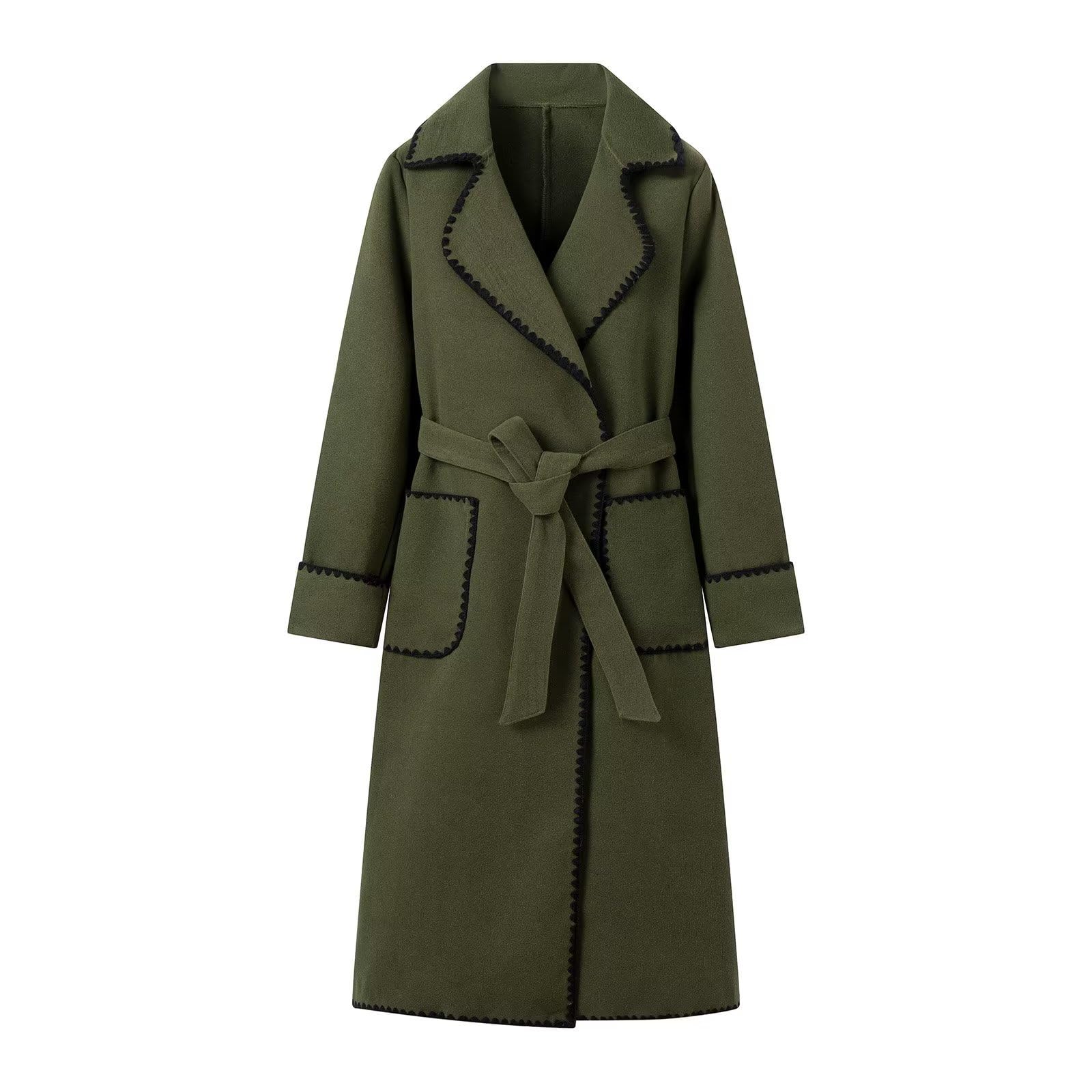 Cappotto Lungo da Donna con Risvolto Classico con Risvolto con Cravatta Lungo Invernale Casual con Bottoni e Cintura alla Moda Lungo in Tweed con Cintura