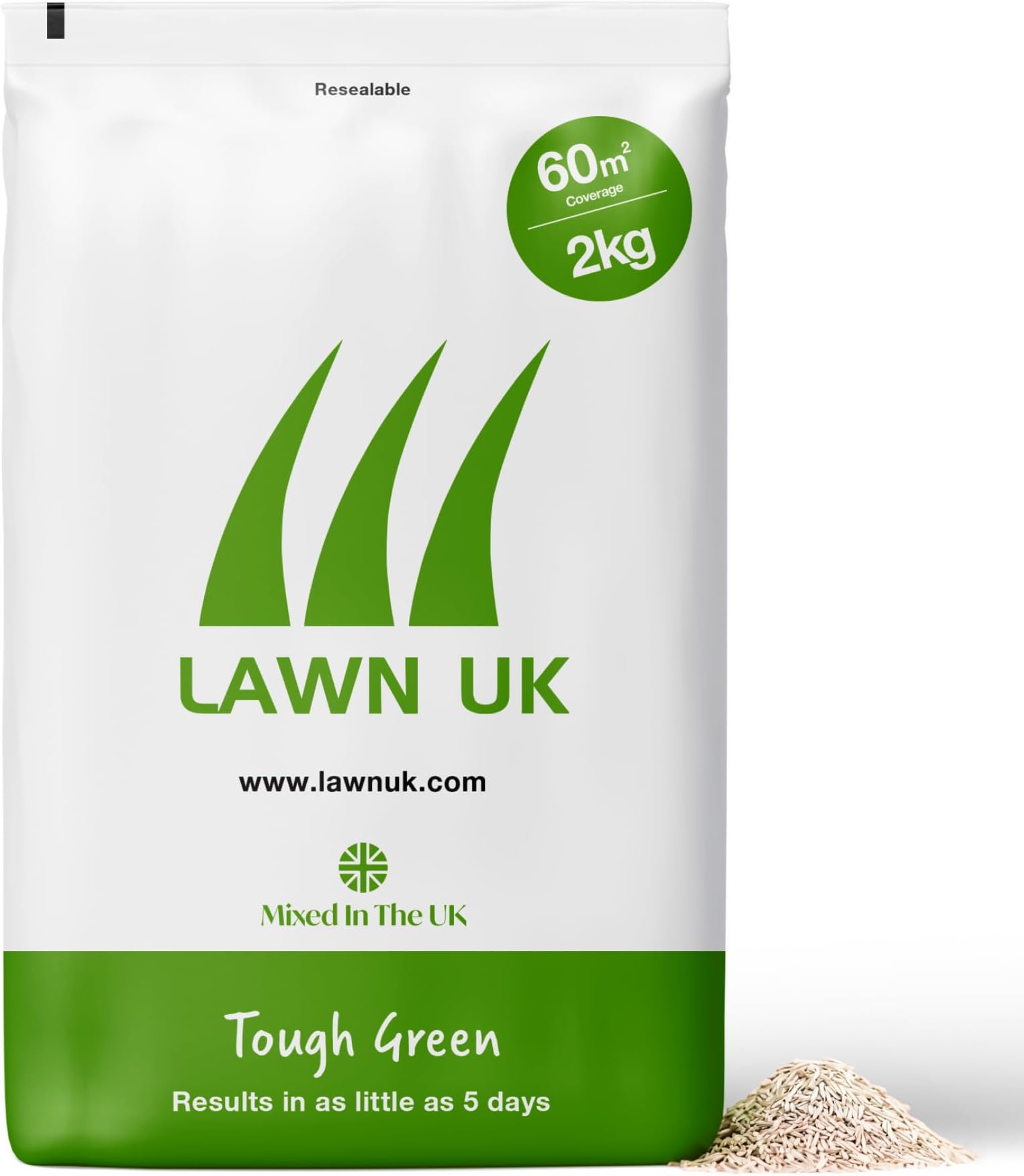 Tough Green Grass Seed by Lawn UK - 2KG - Superior Tough - Extra Durable & Easy to Grow - Everyday use - Combining Sprogs & Dogs & Premium Green Attributes - from 5 Day Growth - Consistent Green