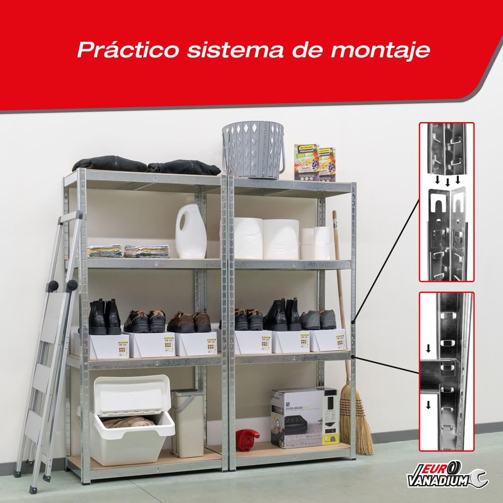 Doble Estantería de almacenamiento Cargas Pesadas - 160 x 160 cm - 640 kg - Estantería de garaje modulable, 4 Niveles, 8 Estantes
